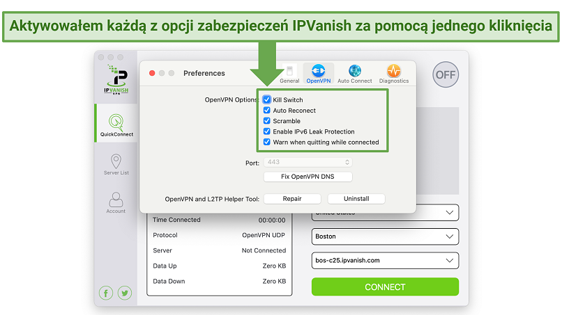 Screenshot showing the security settings on the IPVanish Preferences panel
