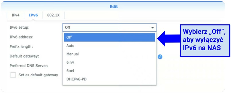 Screenshot showing how to disable IPv6 on Synology NAS