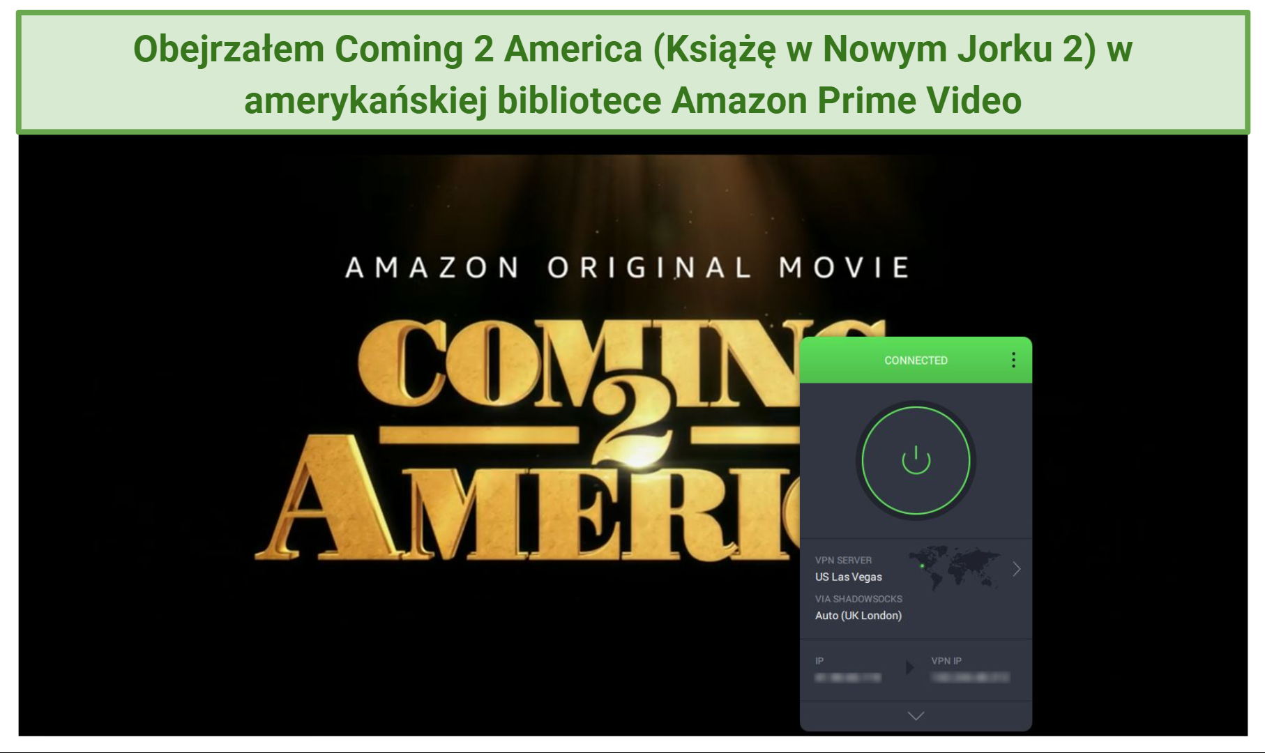 Screenshot showing Coming 2 America playing on Amazon Prime Video with PIA connected to Las Vegas server