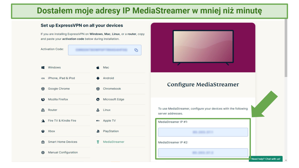 Screenshot of MediaStreamer settings on ExpressVPN account website