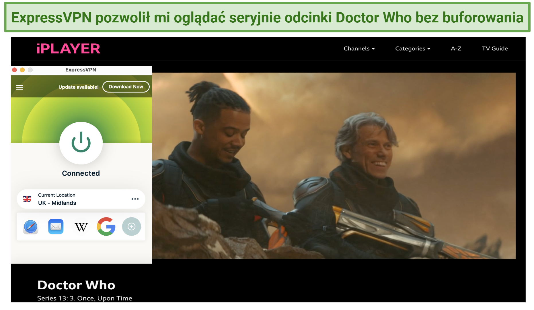 Screenshot of ExpressVPN unblocking BBC iPlayer
