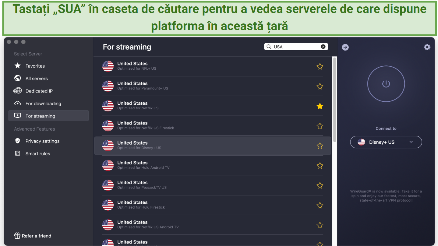 Screenshot showing the US streaming servers on the CyberGhost app