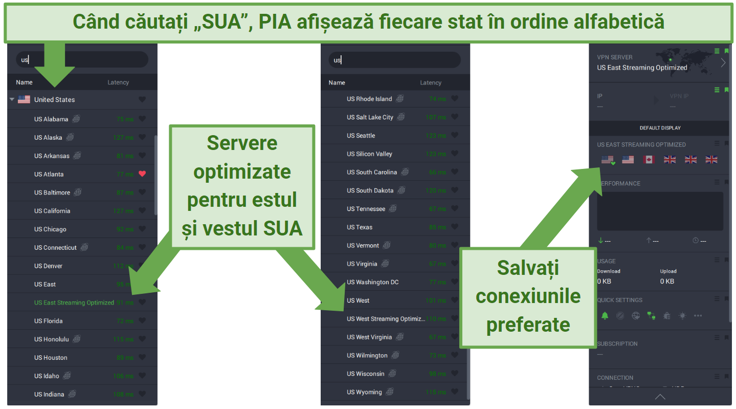 Screenshots of PIA's PC app displaying its US servers