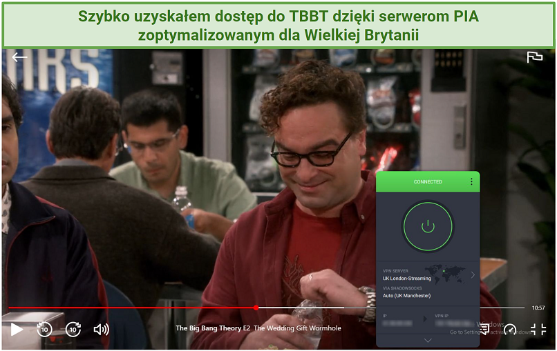 Screenshot showing The Big Bag Theory playing on Netflix using PIA's UK-optimized streaming servers.