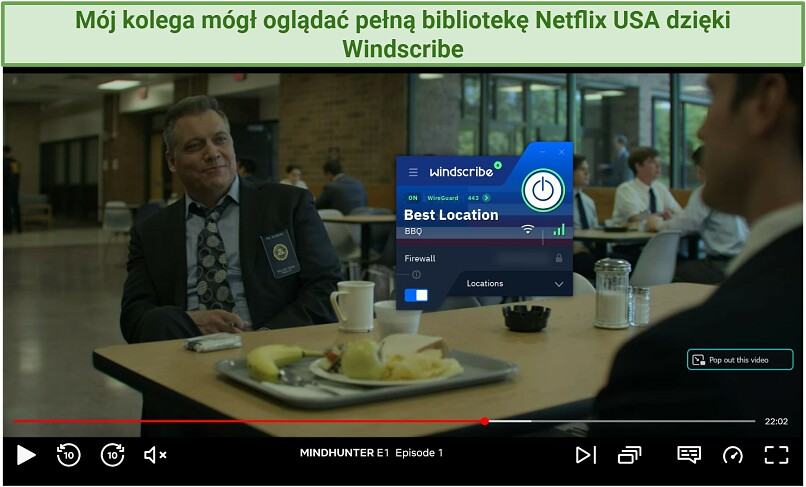 Screenshot of Netflix player streaming Mindhunter while connected to Windscribe's Dallas BBQ server