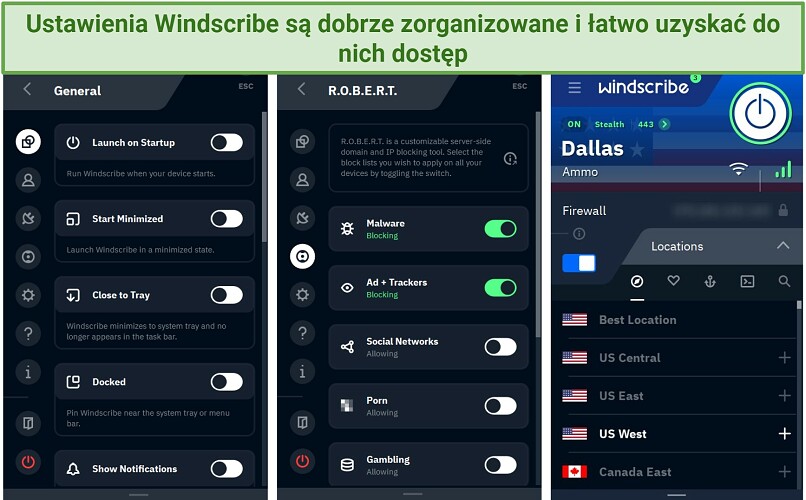 Screenshot of Windscribe's Windows app highlighting the tabs for the general settings and the R.O.B.E.R.T. feature