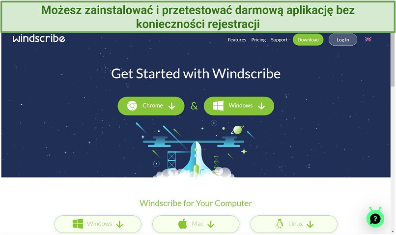 Screenshot of Windscribe's download page from its website highlighting installation files for Windows, Mac, Linux, and Chrome