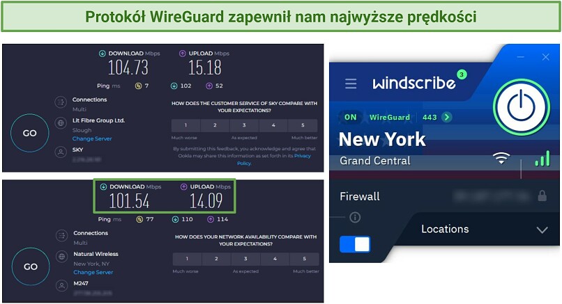 Screenshot of Ookla speed tests done with no VPN connected and while connected to Windscribe's New York server