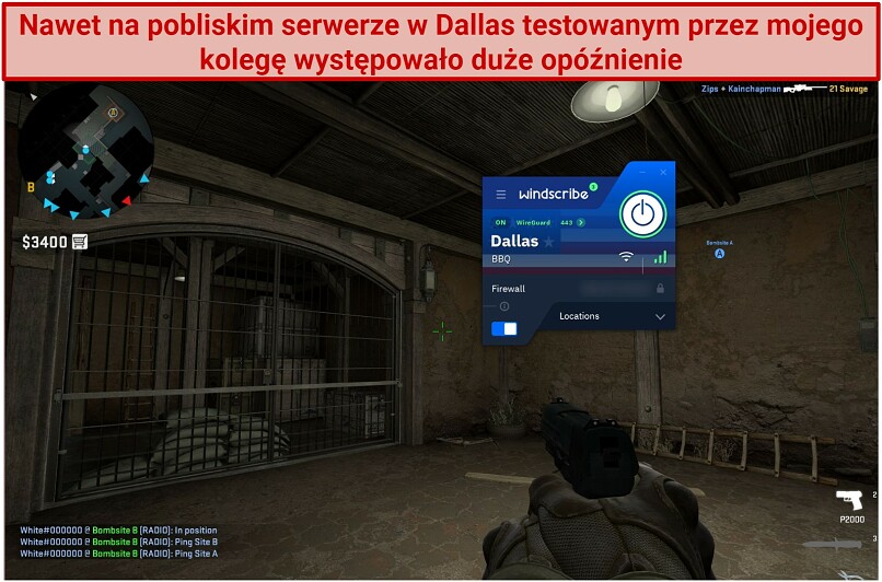 Screenshot of Steam running Counter-Strike: Global Offensive while connected to Windscribe's Dallas BBQ server