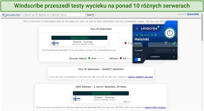 Screenshot of leak test done on ipleak.net while connected to Windscribe's Helsinki Sauna server
