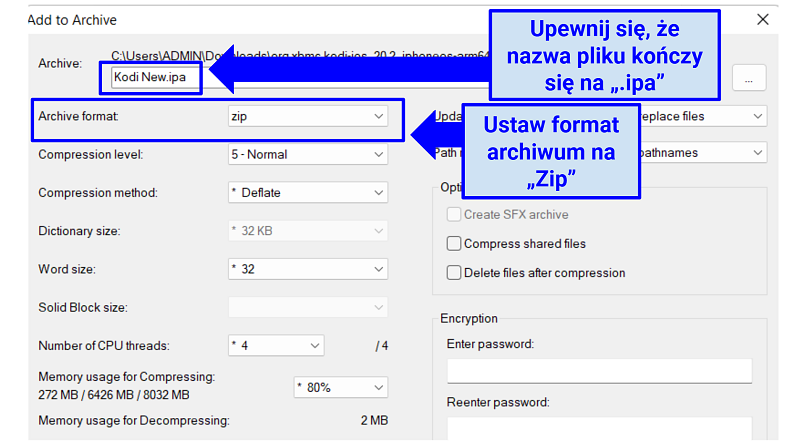 Zrzut ekranu pokazujący, jak nazwać plik IPA w 7-Zip oraz jaki format archiwum wybrać przed konwersją pliku DEB Kodi na plik IPA