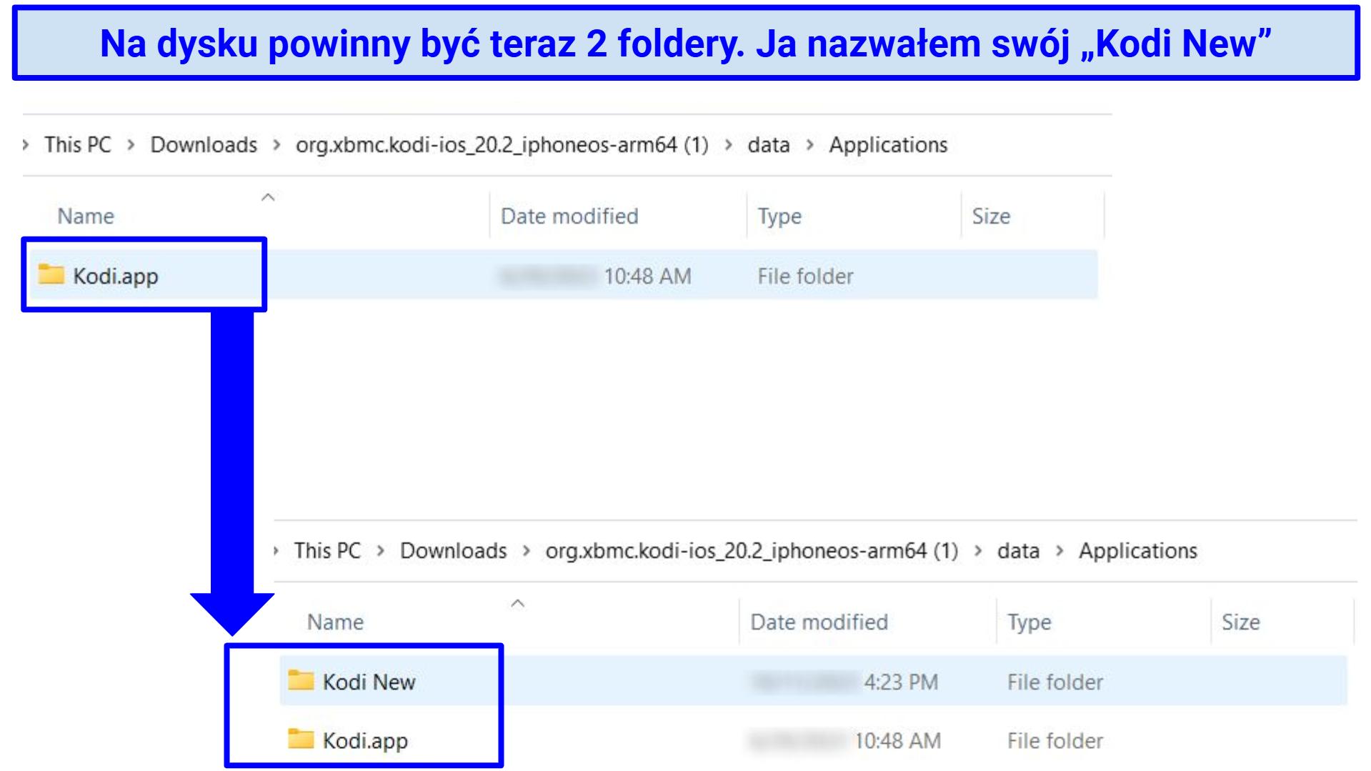 Zrzut ekranu przedstawiający dwa niezbędne foldery potrzebne do przekształcenia pliku DEB Kodi na Kodi IPA