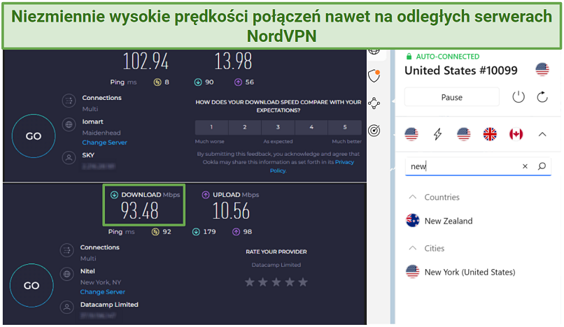 Screenshot showing NordVPN's speeds while connected to a long-distance server in the US
