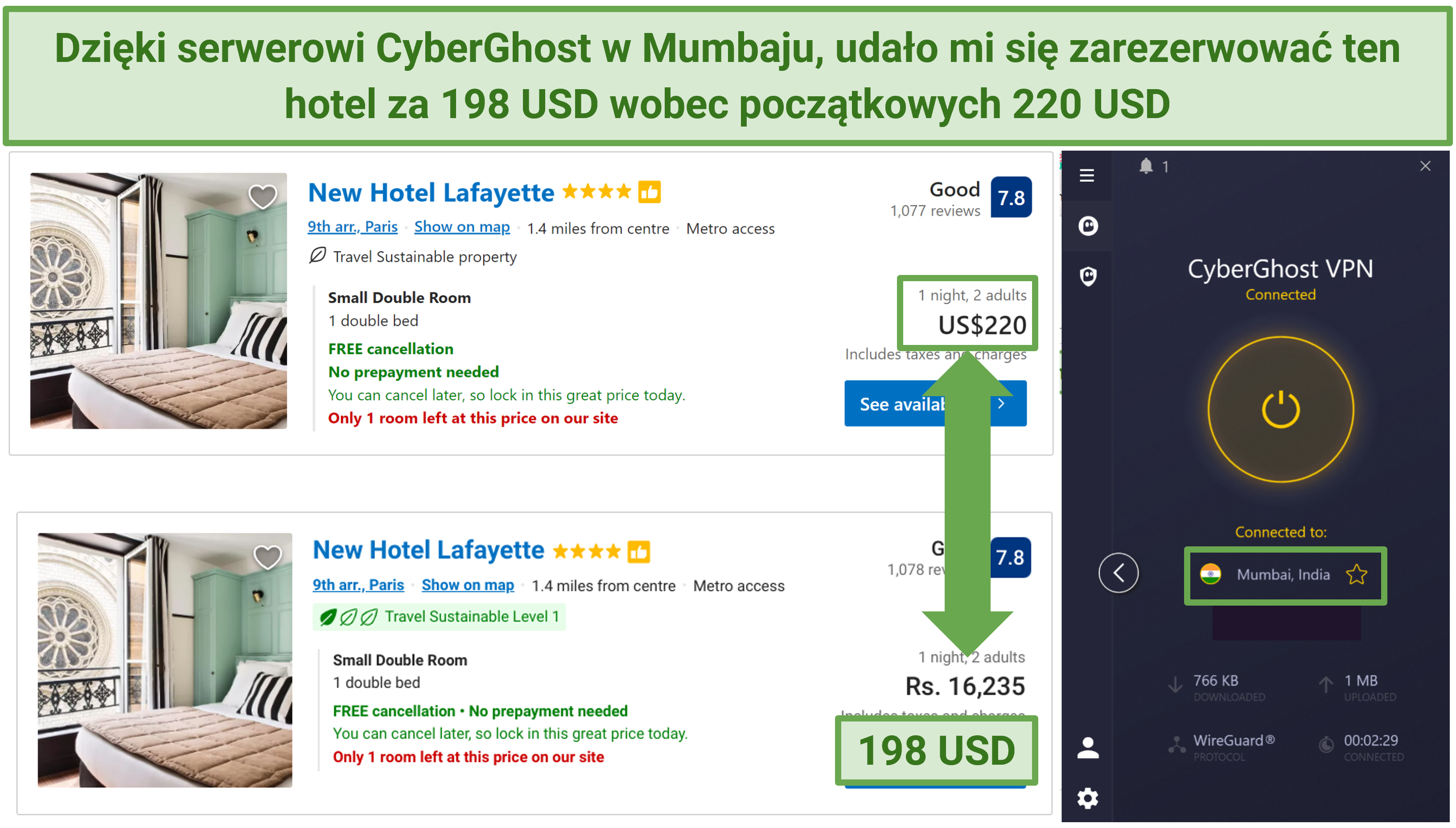 Screenshot of hotel prices on Booking.com with discounts when connected to CyberGhost's Mumbai server