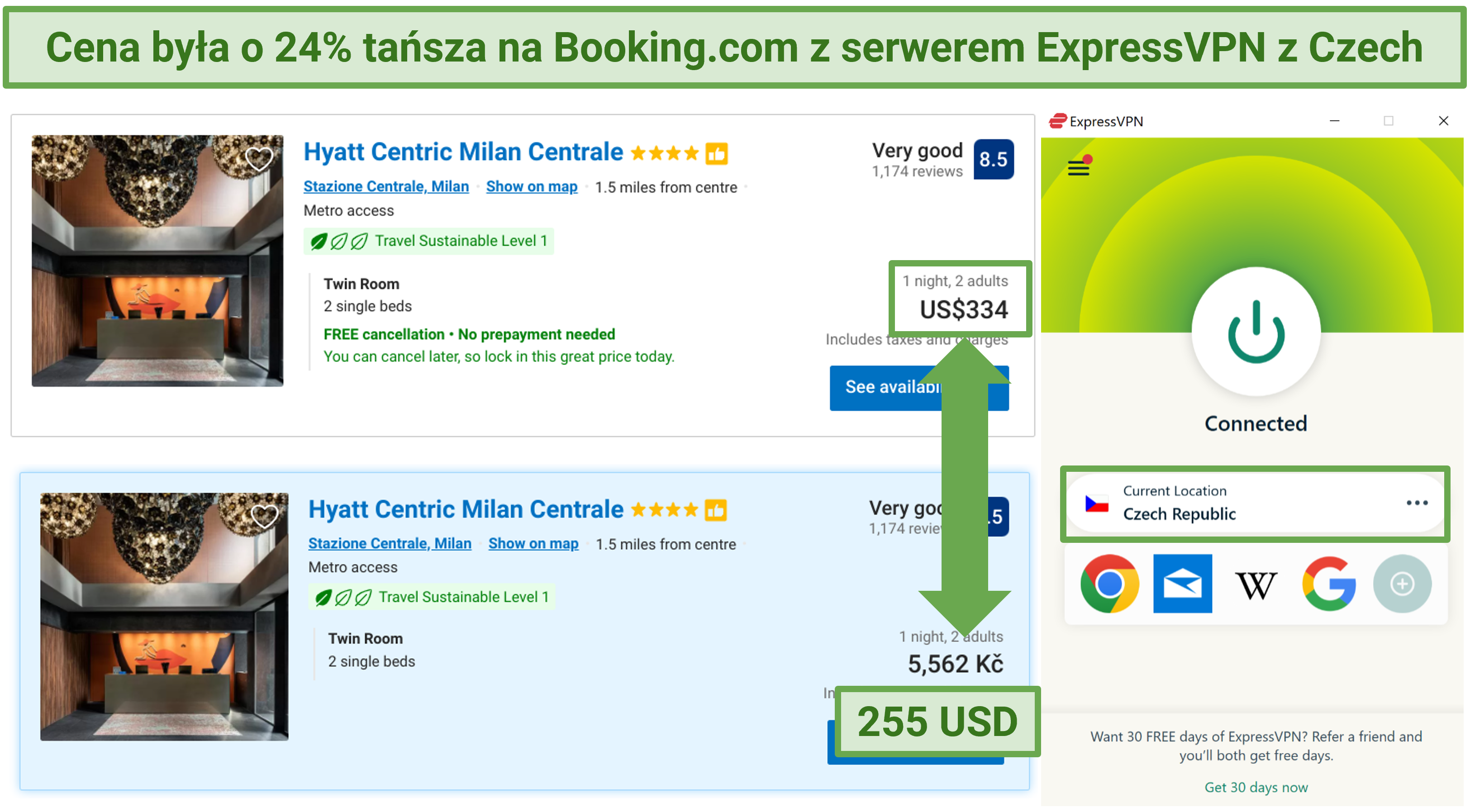Screenshot of hotel prices on Booking.com with discounts when connected to ExpressVPN server in Czech Republic