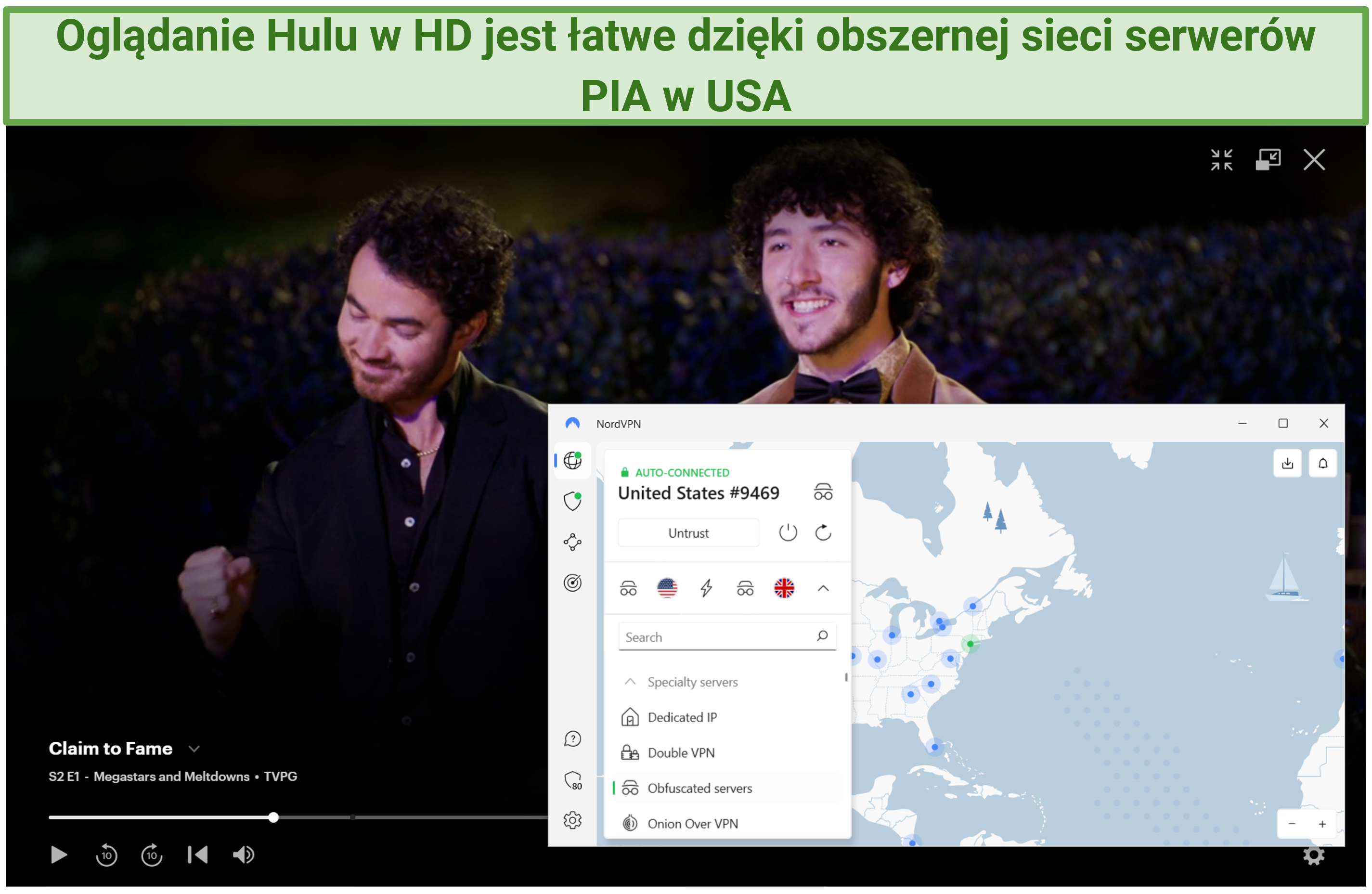Screenshot of NordVPN unblocking Hulu