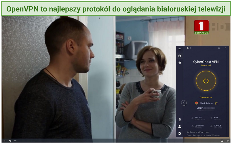 Screenshot of a TV show playing on Belarus-1 with CyberGhost connected to the Belarus server