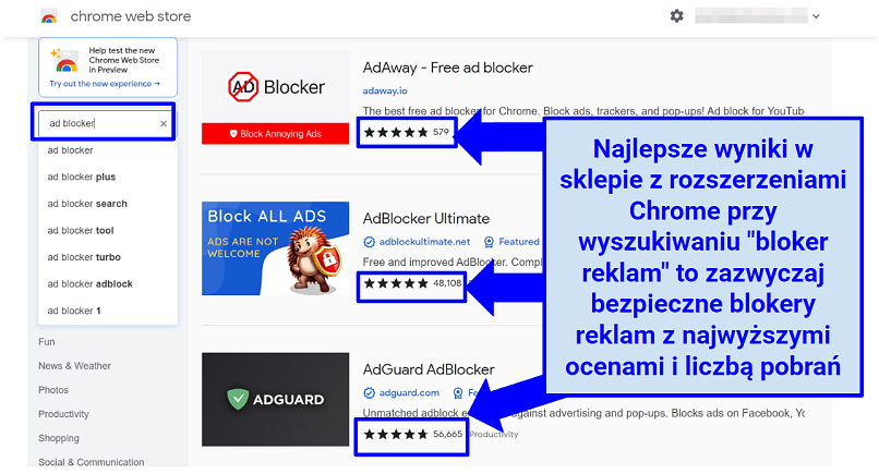 Screenshot showing how to look for a trustworthy ad blocker in Chrome store