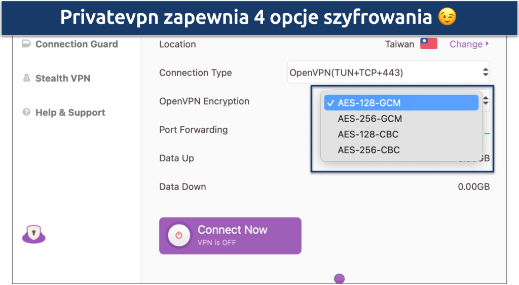 screenshot of privatevpn's customizable security settings
