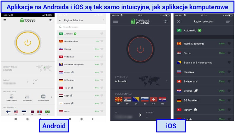 Screenshot of PIA's Android and iOS apps