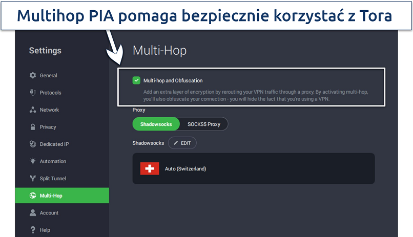Screenshot of PIA's settings, showing Multi-Hop and Obfuscation