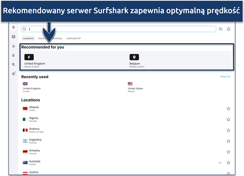 Screenshot of Surfshark's server list