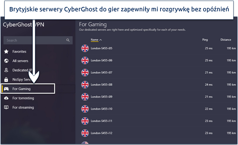 Screenshot showing a list of CyberGhost's gaming-optimized servers