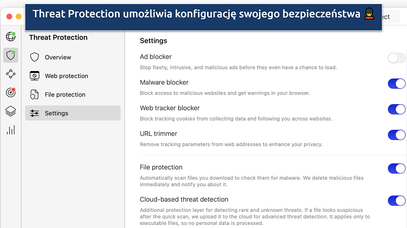 Screenshot of the NordVPN Settings panel with the customization options of Threat Protection