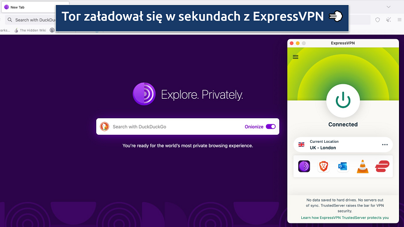 Screenshot of the ExpressVPN app connected to a UK server over Tor browser