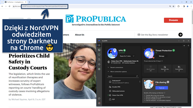 Screenshot of the NordVPN app connected to an Onion Over VPN server over ProPublica's mirror site on Chrome browser