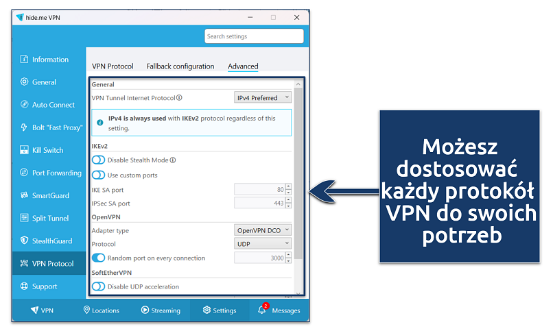 Zrzut ekranu pokazujący, jak zoptymalizować hideme VPN dla Windows