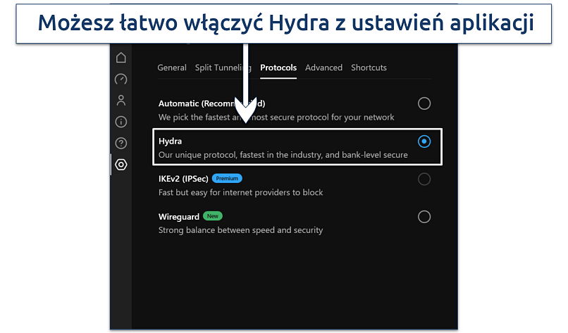 Zrzut ekranu pokazujący, jak włączyć protokół Hydra