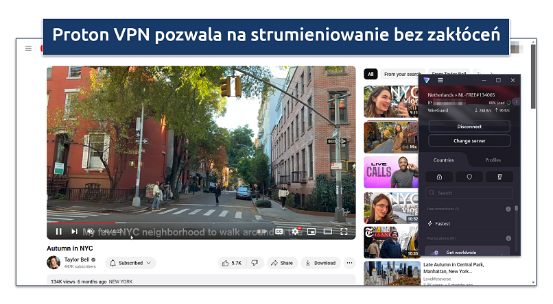 Zrzut ekranu strumieniowania YouTube z połączonym Proton VPN