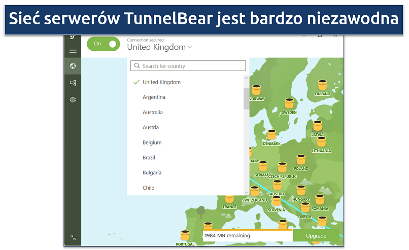 Zrzut ekranu listy serwerów TunnelBear