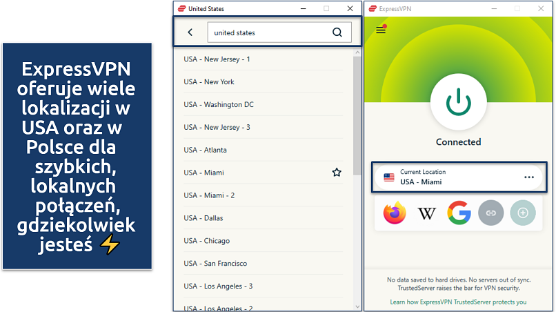 A screenshot showing ExpressVPN connected to a US server and the list of its US locations on the Windows app