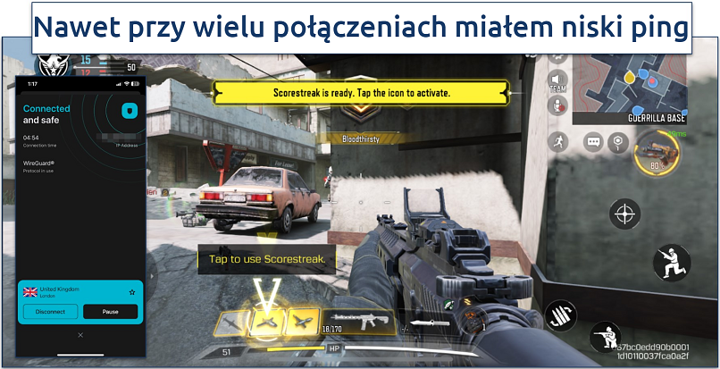 Screenshot rozgrywki CODM z połączeniem Surfshark