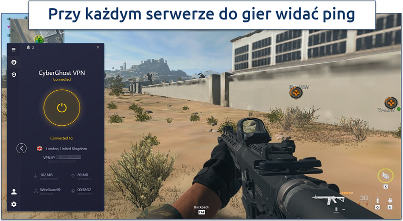 Zrzut ekranu rozgrywki Warzone z podłączonym CyberGhostem