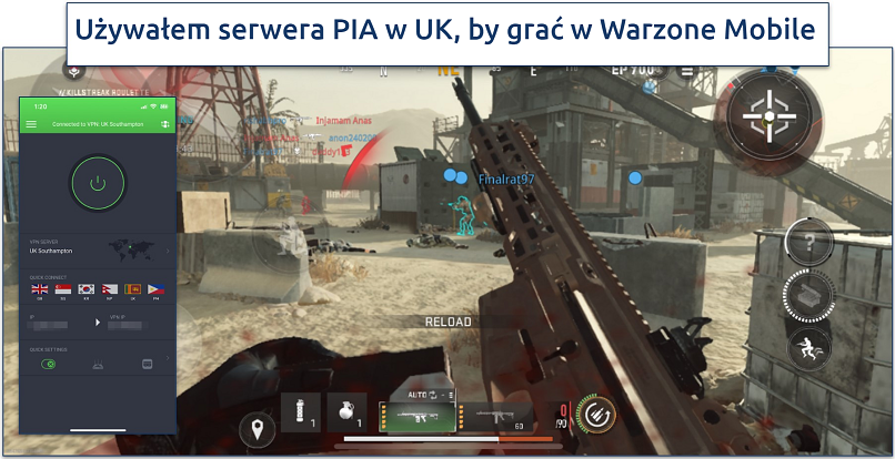 Zrzut ekranu rozgrywki w Warzone z podłączonym PIA