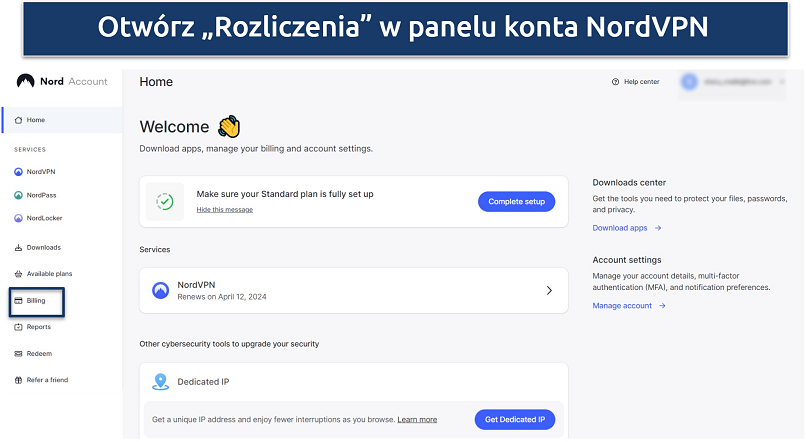 Zdjęcie pokazujące, jak nawigować do sekcji rozliczeń w panelu konta NordVPN.