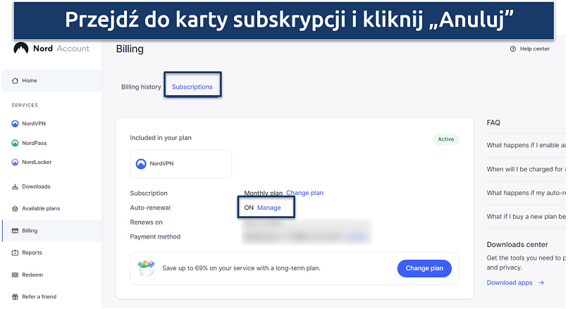 Zdjęcie pokazujące, jak przeglądać subskrypcje w panelu konta NordVPN