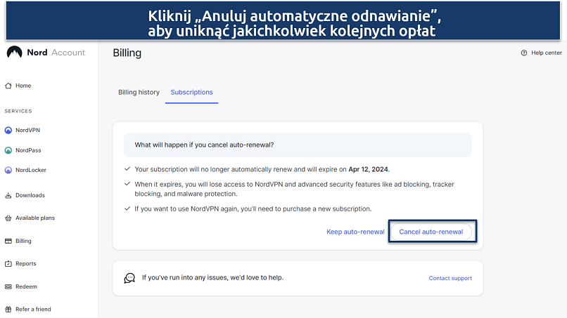 Zdjęcie pokazujące, jak otworzyć swoje subskrypcje w panelu konta NordVPN