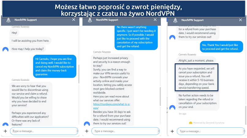 Zdjęcie pokazujące korespondencję na czacie na żywo z prośbą o zwrot środków za NordVPN i otrzymaną zgodę