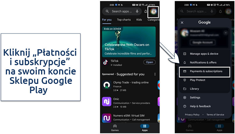 Zdjęcie pokazujące, jak uzyskać dostęp do opcji Płatności i subskrypcje w Sklepie Google Play