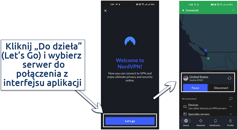 Obrazek prezentujący interfejs aplikacji NordVPN z podłączonym serwerem USA