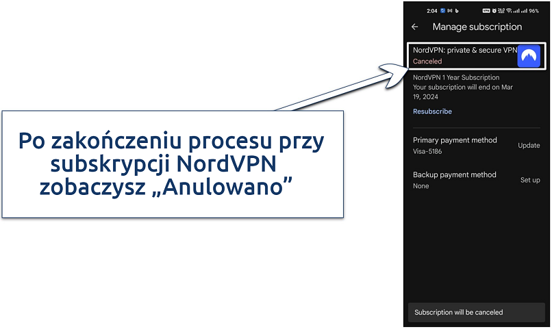 Zdjęcie pokazujące anulowaną subskrypcję NordVPN