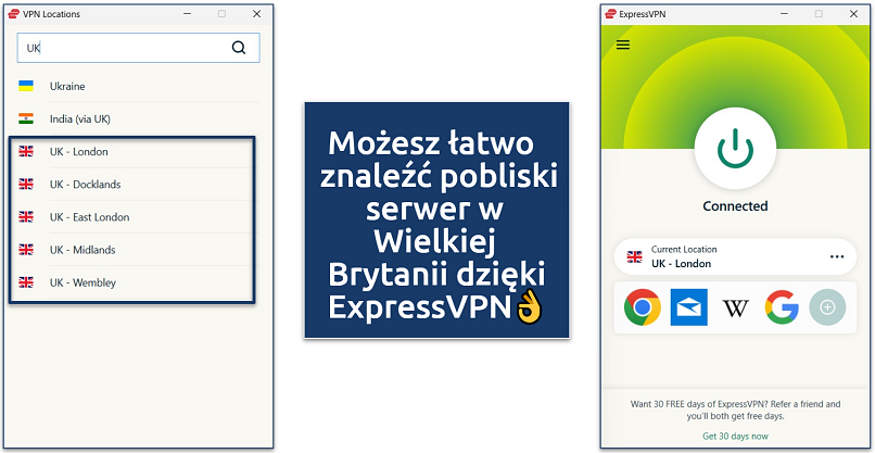 Zrzut ekranu aplikacji ExpressVPN pokazujący lokalizacje serwerów w Wielkiej Brytanii podczas połączenia z serwerem w Londynie