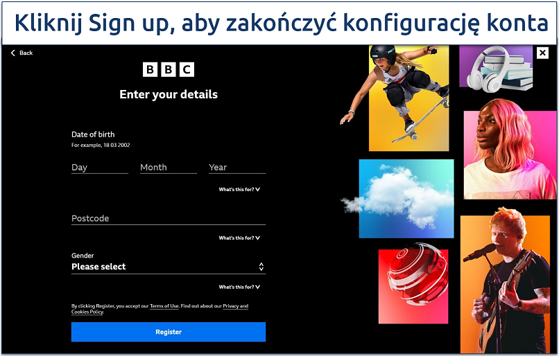 Zrzut ekranu strony rejestracji BBC iPlayer, na której wpisujesz swoje dane osobowe