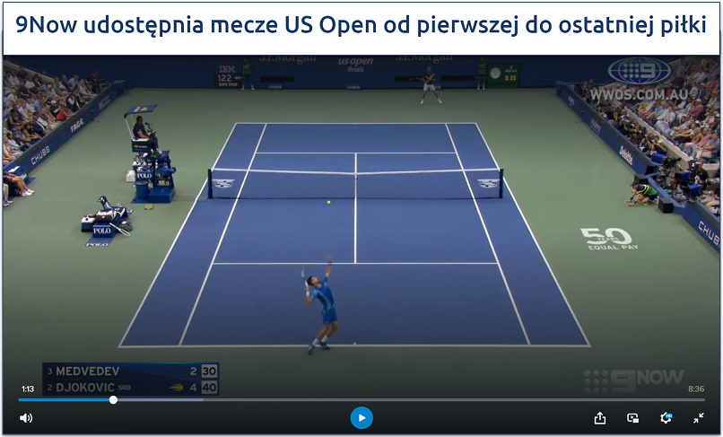 Screenshot of streaming the US Open on 9Now