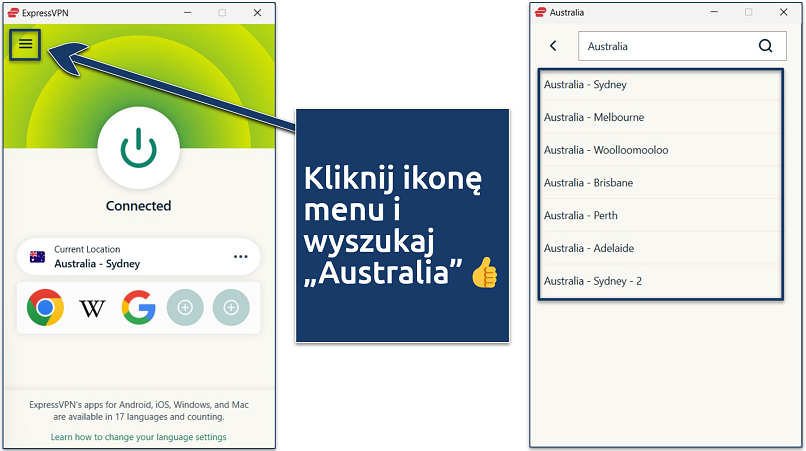 Screenshot of the ExpressVPN with a active connection to the Sydney server and the list of Australian servers