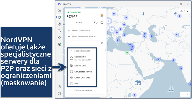 Screenshot of the NordVPN app showing its specialty servers while connected to an Egypt server